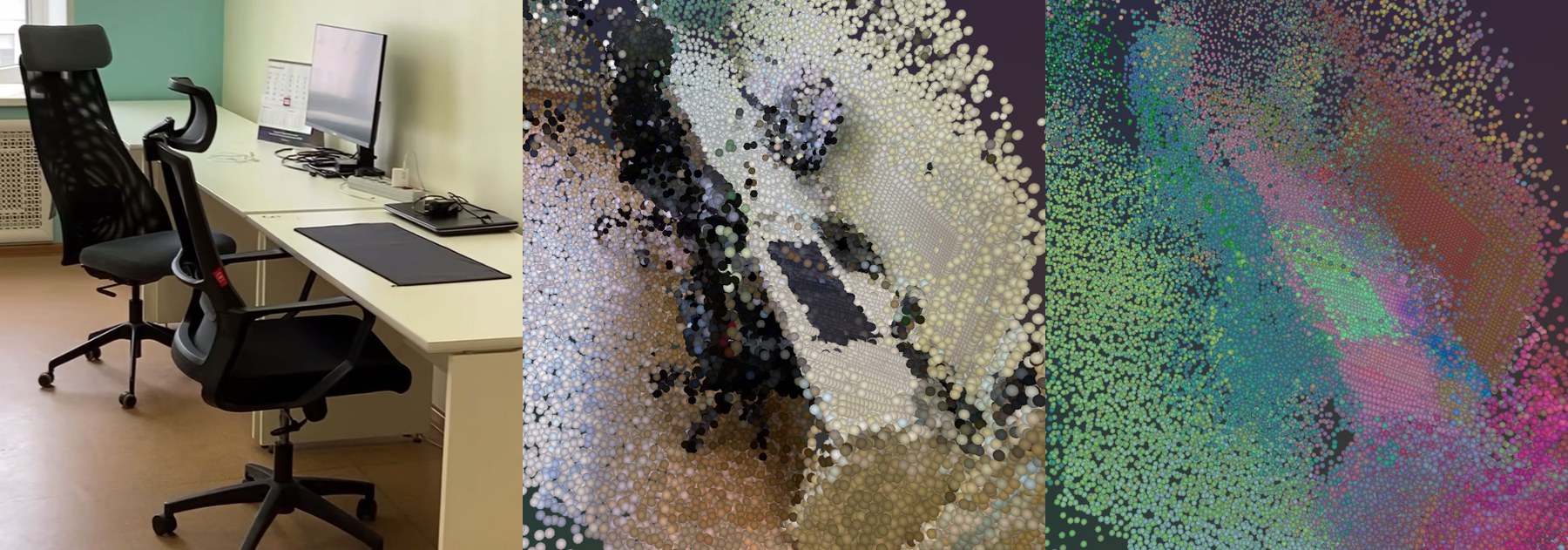 Real-world office captured with a phone camera: RGB frame, reconstructed point cloud, and RGB-PCA colorized embedding field