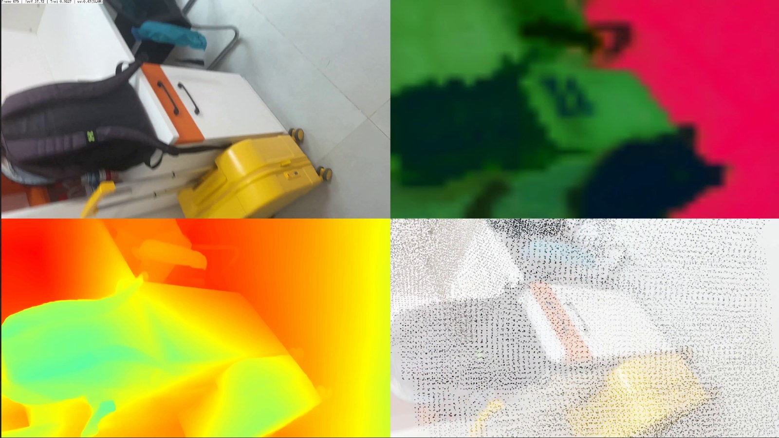 Four synchronized panels from a live video stream: RGB input, embedding field, estimated depth, and fused geometry